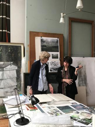 Eileen Hogan (left) discussing her work with Elisabeth Fairman (right) in the artist’s studio, London, photo by Sarah Fairman Davidowitz