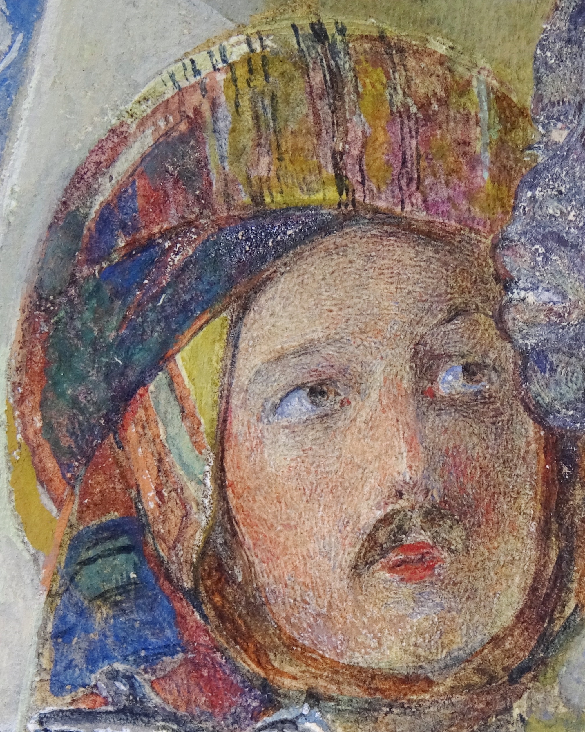 Small pinpoint losses of watercolor seen in dark bands of the hat and in the partial face on the right, detail of John Frederick Lewis's A Frank Encampment in the Desert of Mount Sinai, photo by Richard Caspole