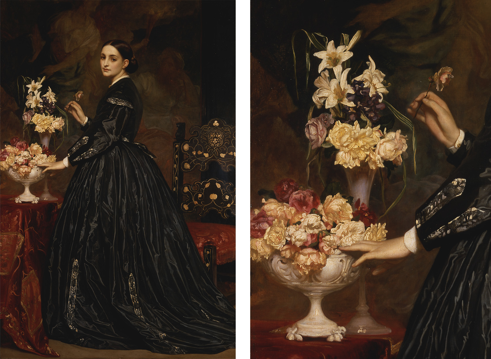 (Left) Frederic Leighton, Mrs. James Guthrie, 1865, oil on canvas, Yale Center for British Art, Paul Mellon Collection; (Right) Frederic Leighton, Mrs. James Guthrie (detail), 1865, oil on canvas, Yale Center for British Art, Paul Mellon Collection