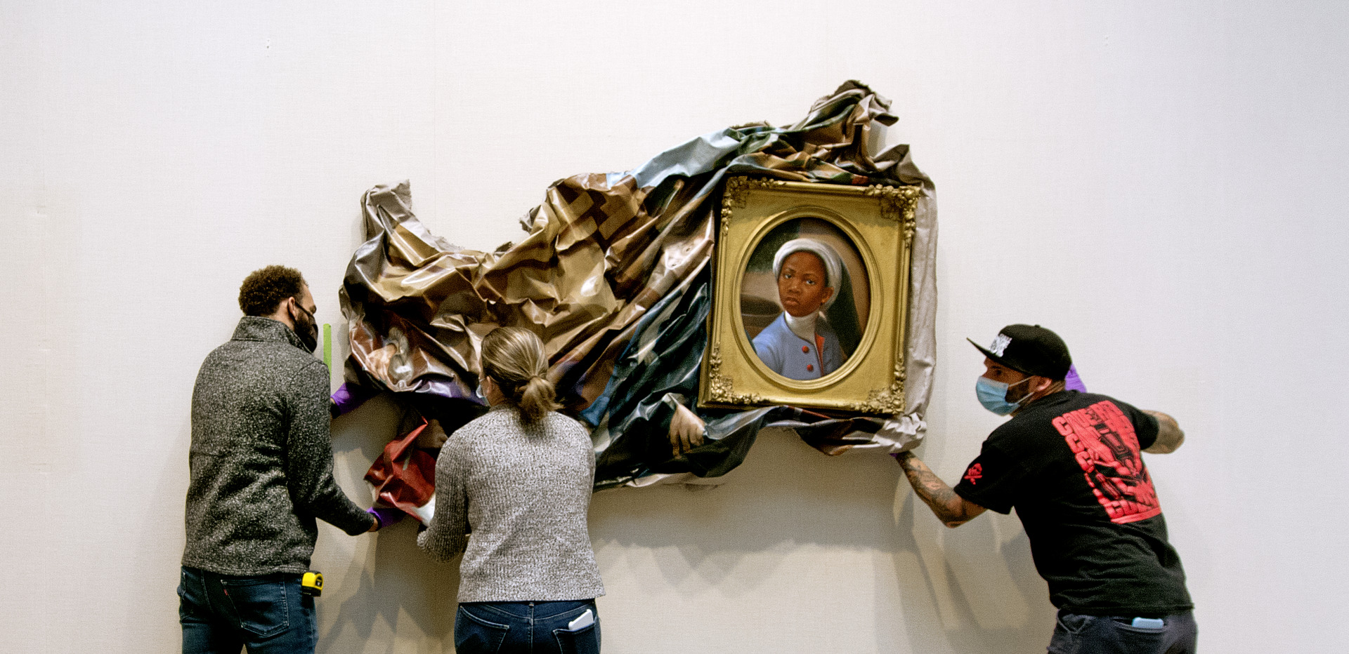 Installation of Titus Kaphar's Enough About You (2016) at the Yale Center for British Art, October 2020, on loan from the Collection of Arthur Lewis and Hau Nguyen, Courtesy of the artist, photo by Richard Caspole 