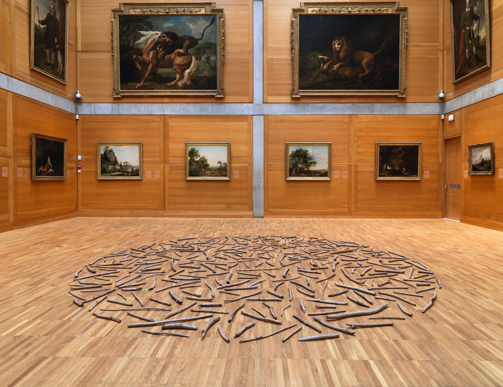 Two hundred eighty five sticks arranged in a circle on a wooden floor.