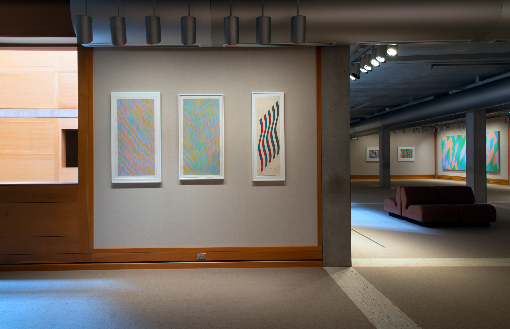 Works by Bridget Riley on view in the gallery.