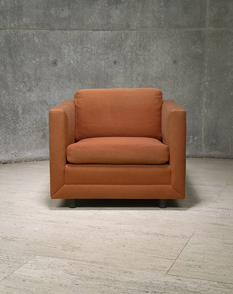Ward Bennett, Lounge Chair-Straight Line for Brickel Associates Inc. (front view), no date, wool and nylon blend, rubberized hair (hog and horsehair), blended cotton felt, latex foam rubber, wood, 28 ¾″ x 33″ W x 33″ D, Yale Center for British Art, photo by Richard Caspole