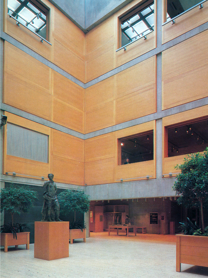 Daylit entry court with view toward giftshop, from Michael J. Crosbie, “Evaluation: Monument Before Its Time, Yale Center for British Art, Louis Kahn,” Architecture Quarterly (Spring 1986): 38, photo by Michael Marsland