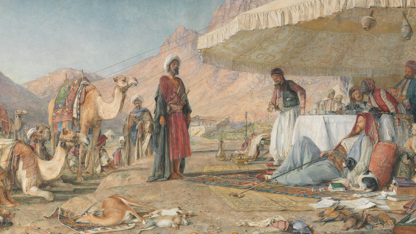 John Frederick Lewis, A Frank Encampment in the Desert of Mount Sinai. 1842—The Convent of St. Catherine in the Distance (detail), 1856, watercolor, gouache and graphite on paper mounted on board, Yale Center for British Art, Paul Mellon Collection