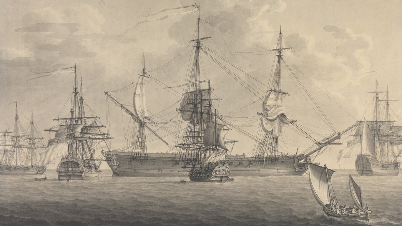 Nicholas Pocock, The Ranger, Private Ship of War (detail), with her Prizes, 1780, pen and black ink over graphite with gray wash on paper, Yale Center for British Art, Paul Mellon Collection