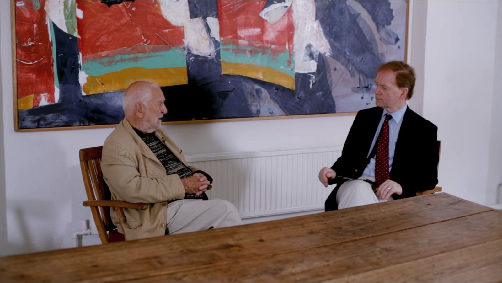 The artist Sir Anthony Caro (1924–2013) converses with Julius Bryant, Keeper of Word and Image, Victoria and Albert Museum, London