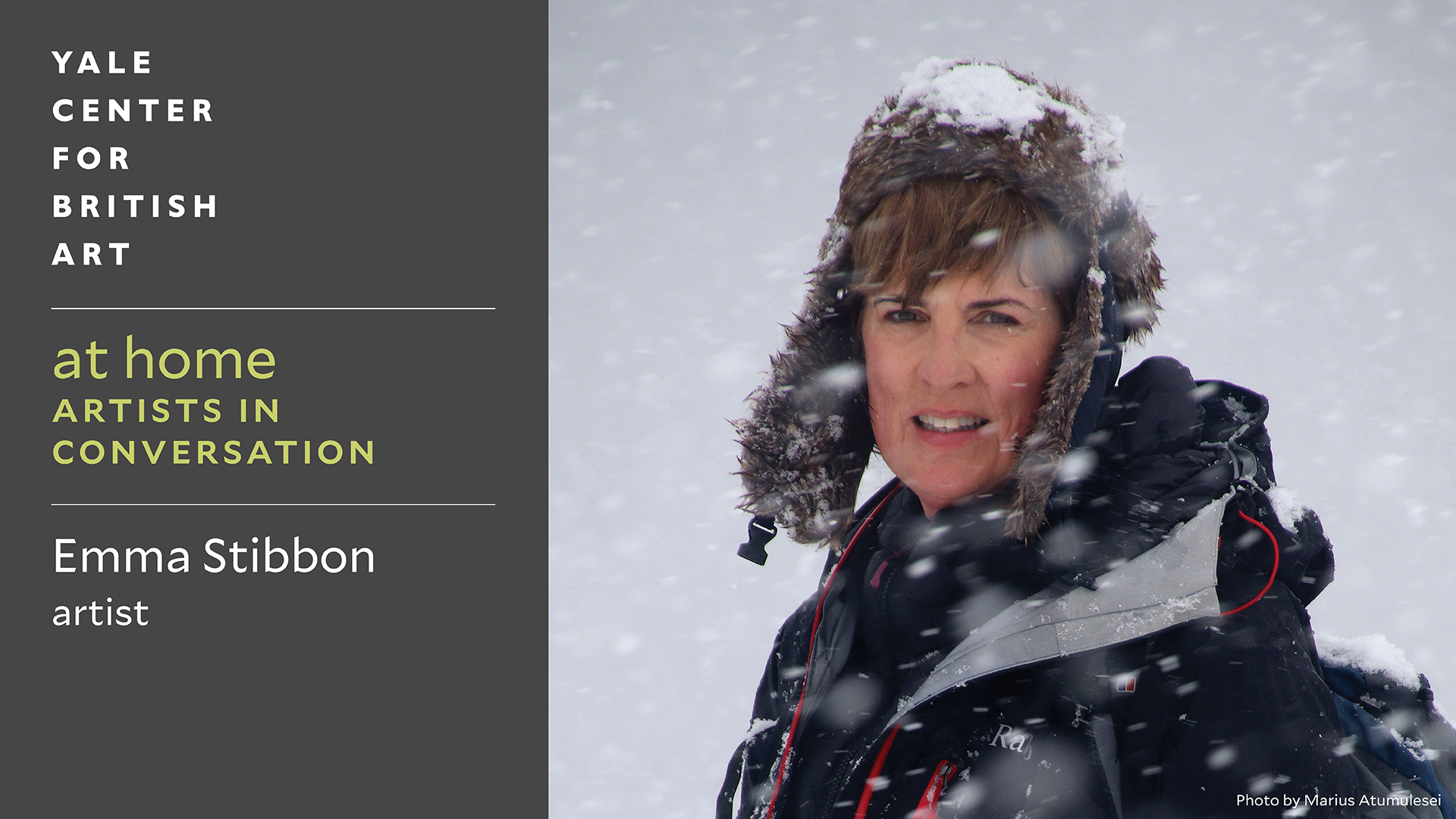 A title slide with a portrait of Emma Stibbon, a white woman in a snowy environment and warm winter attire.