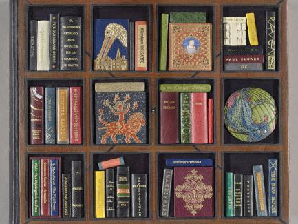 George Kirkpatrick, designer and binder of The Neale M. Albert Collection of Miniature Designer Bindings; A Catalog of an Exhibition Held at the Grolier Club, September 13–November 4, 2006, by Neale M. Albert (New York: Grolier Club, 2006) (detail), bound in 2008, leather binding with leather onlays and gold tooling, Collection of Margaret and Neale Albert, Yale JD 1961, photo by Richard Caspole