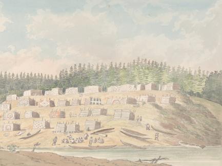 Charles Hamilton Smith, Cheslakee's Village in Johnstone's Straits (detail), undated, watercolor and graphite on paper, Yale Center for British Art, Paul Mellon Collection