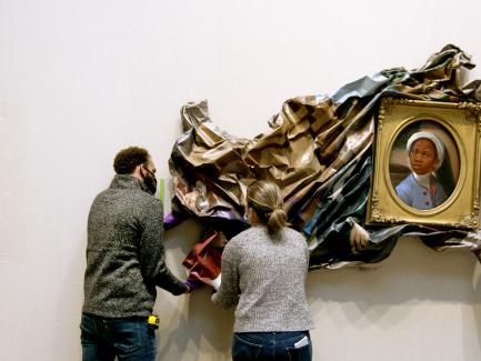 Installation of Titus Kaphar's Enough About You (2016) at the Yale Center for British Art, October 2020, on loan from the Collection of Arthur Lewis and Hau Nguyen, Courtesy of the artist, photo by Richard Caspole 