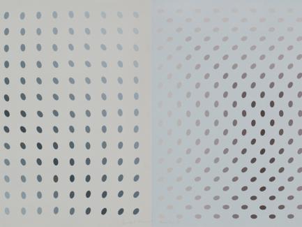 Bridget Riley, "Untitled (Nineteen Greys A, B, C, D)" (detail), 1968, screenprint in 19 colors, Bridget Riley Collection © 2022 Bridget Riley, all rights reserved.