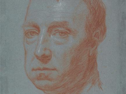 Jonathan Richardson the Elder, "Self-Portrait" (detail), ca. 1720, Red chalk and white chalk on medium, moderately textured, blue laid paper, Yale Center for British Art, Gift of Peter Arms Wick