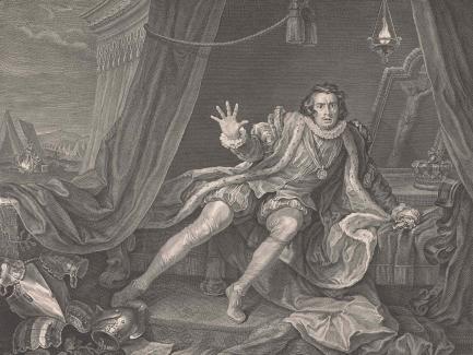 William Hogarth, "Mr. Garrick in the Character of Richard III" (detail), 1746, engraving, Yale Center for British Art, Gift of Mrs. Lyall Dean, Mrs. Borden Helmer, and the Estate of Bliss Reed Crocker in memory of Mr and Mrs. Edward Bliss Reed, transfer from the Yale University Art Gallery