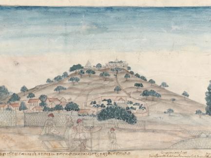 Gangaram Tambat, "View of Parbati, a Hill near Poona Occupied by the Temples Frequented by the Peshwa" (detail), 1795, watercolor and graphite on paper, Yale Center for British Art, Paul Mellon Collection