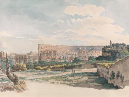 Carlo Labruzzi, "The Colosseum from the Caelian Mount, with the Arch of Constantine and a View of the Forum, Rome." (detail), undated, Watercolor and graphite on medium, slightly textured, cream laid paper, Yale Center for British Art, Paul Mellon Fund