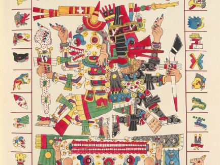 Agostino Aglio after Central Mexican Artists, “Fac-simile of an Original Mexican Painting Preserved in the Borgian Museum, at the College of Propaganda in Rome” [Codex Borgia, f. 59], in volume 3 of 'Antiquities of Mexico: Comprising Fac-similes of Ancient Mexican Paintings and Hieroglyphics' by Edward King, Viscount Kingsborough. London: Published by Robert Havell and Colnaghi, Son, and Co (detail), 1831, hand-colored lithograph. Yale Center for British Art, Paul Mellon Collection
