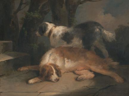 Painting of two dogs, brown and white retriever lying on flagstone surface, black and white retriever stands behind. Large tree trunks, against cloudy sky in background.