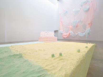 Karla Black, "Practically In Shadow" (detail), 2013, installation view, Institute of Contemporary Art, University of Pennsylvania, 2013, courtesy of the artist and Galerie Gisela Capitain