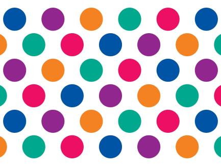 Repeating pattern of pink, blue, purple, organge, green polka dots