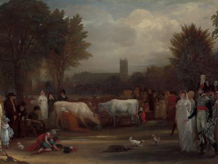 Benjamin West, Milkmaids in St. James's Park, Westminster Abbey Beyond (detail), ca. 1801, oil on panel, Yale Center for British Art, Paul Mellon Fund
