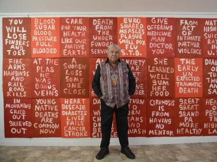 Edgar Heap of Birds with his installation "The Health of the People is the Highest Law," 2019, photo by Ted West
