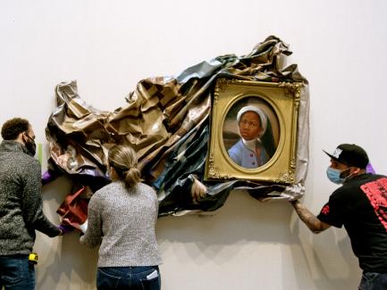 Installation of Titus Kaphar's Enough About You (2016) at the Yale Center for British Art, October 2020, on loan from the Collection of Arthur Lewis and Hau Nguyen, Courtesy of the artist, photo by Richard Caspole