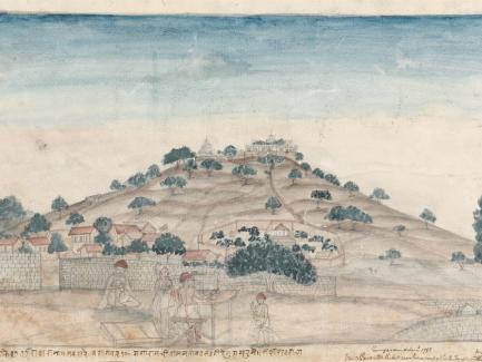 Gangaram Tambat, "View of Parbati, a Hill near Poona Occupied by the Temples Frequented by the Peshwa" (detail), 1795, watercolor and graphite on paper, Yale Center for British Art, Paul Mellon Collection