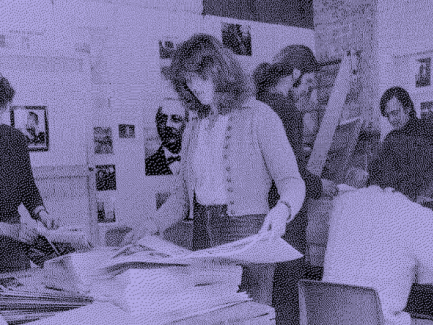 purple dithered image of people