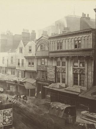 From Relics of Old London (London: Society for Photographing Relics of Old London, 1875–1886), carbon print mounted on card, Yale Center for British Art, Paul Mellon Collection: Henry and Thomas James Dixon, no. 77, “Old Houses, Aldgate”, 1883