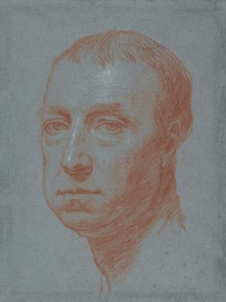 Jonathan Richardson the Elder, "Self-Portrait," ca. 1720, Red chalk and white chalk on medium, moderately textured, blue laid paper, Yale Center for British Art, Gift of Peter Arms Wick