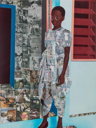 Njideka Akunyili Crosby, "'The Beautyful Ones' Series #1 c," 2014, acrylic, photographic transfers, and colored pencil on paper, Courtesy of the artist, Victoria Miro, and David Zwirner